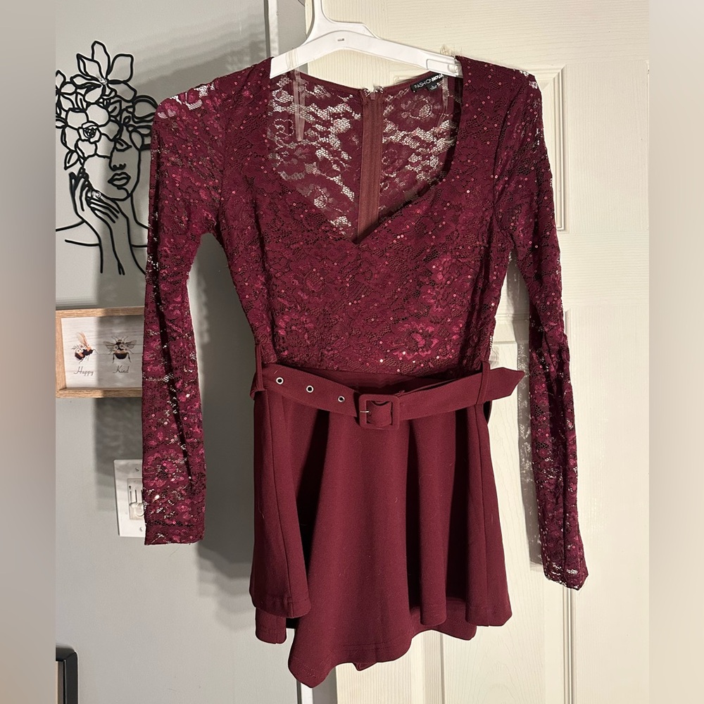 Fashion Nova Deep Red Lace Long Sleeve Romper